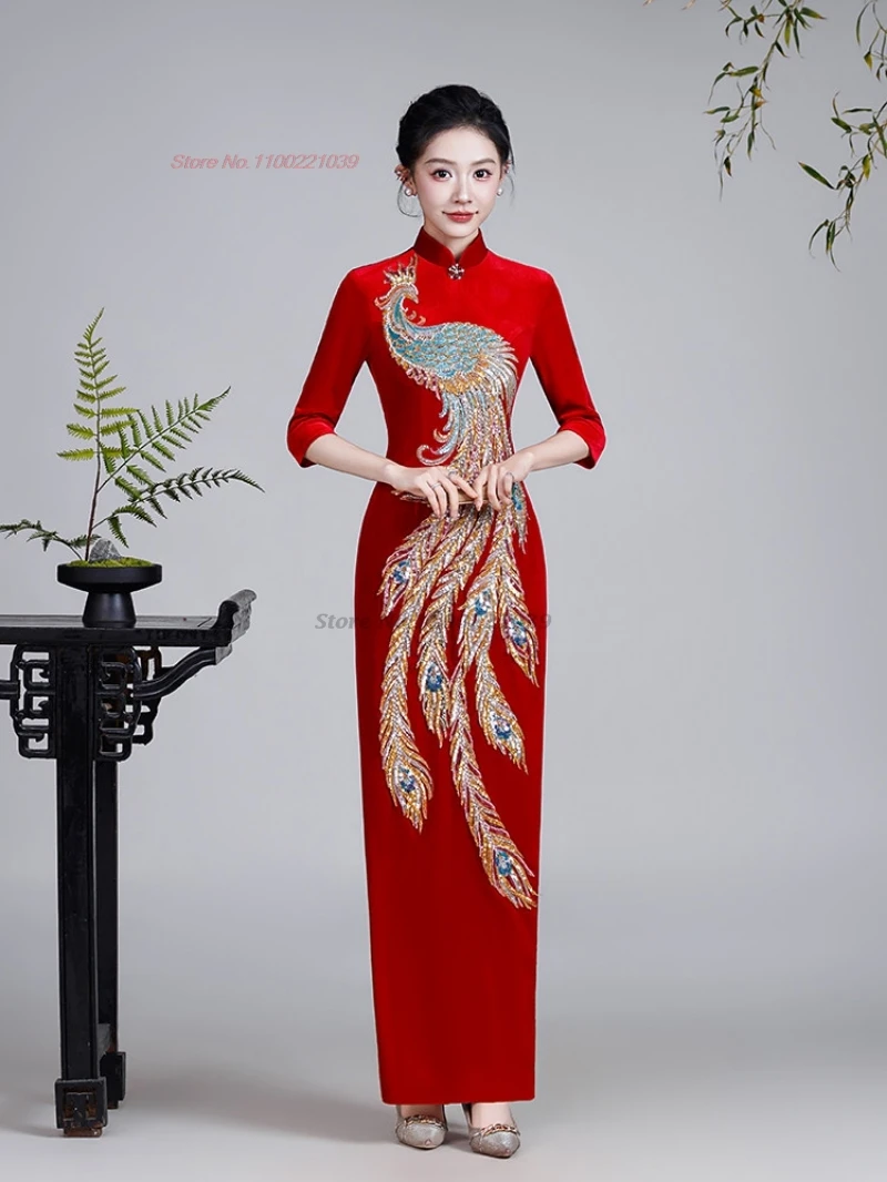 2026 chinese improved cheongsam traditional qipao dress national phoenix sequin velvet qipao retro banquet evening dress qipao