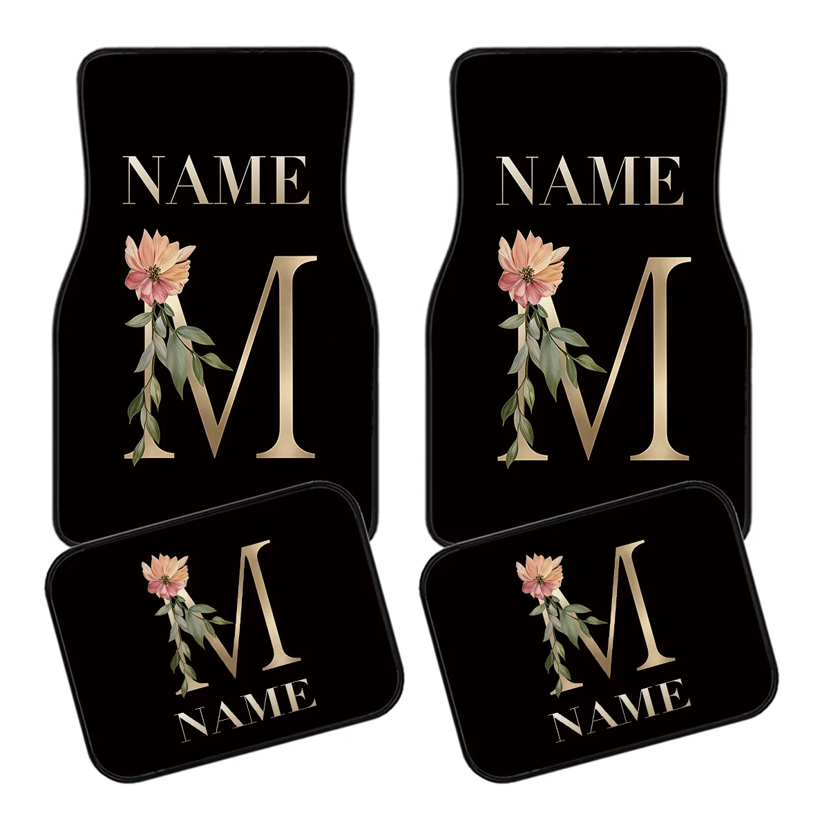 4pcs Custom Name Car Floor Mats With Floral Letter M Personalized Design Print - Easy-To-Clean Car Interior Additions - Suitable