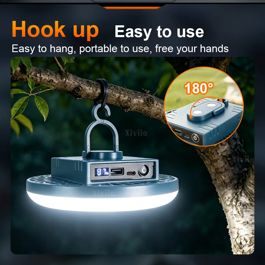 8000000LM Outdoor Camping Light Type-C Rechargeable Portable Lamp Emergency Night Market LED Camping Tent Light With Magnet Hook