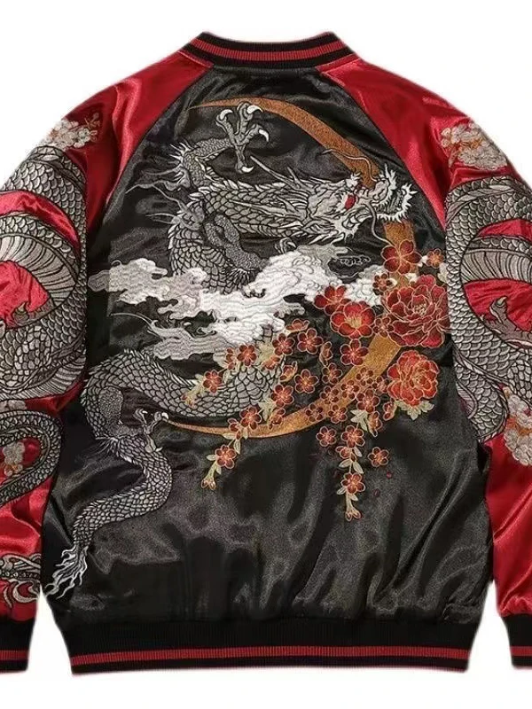 Men's Casual Color Blo Dragon Print Jaet Zipper Coat Autumn New Faion Stand Fit Polyester Long Sve Breathable