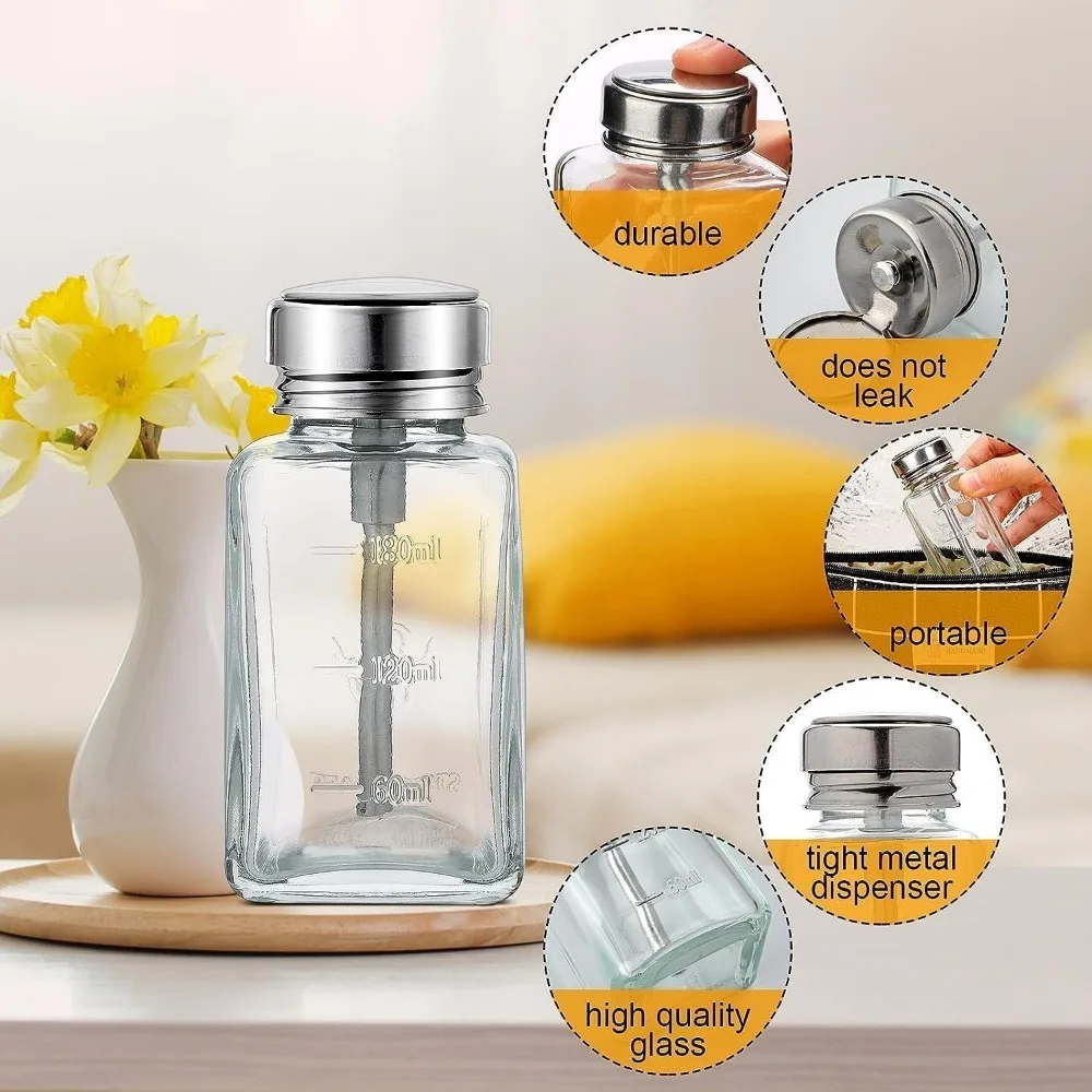 2 Stück 180ML Klare Pumpspenderflasche mit Metallklappdeckel, Glasflasche für Nagellackentferner, Handpumpspender, Kosmetikbehälter – Detail 3