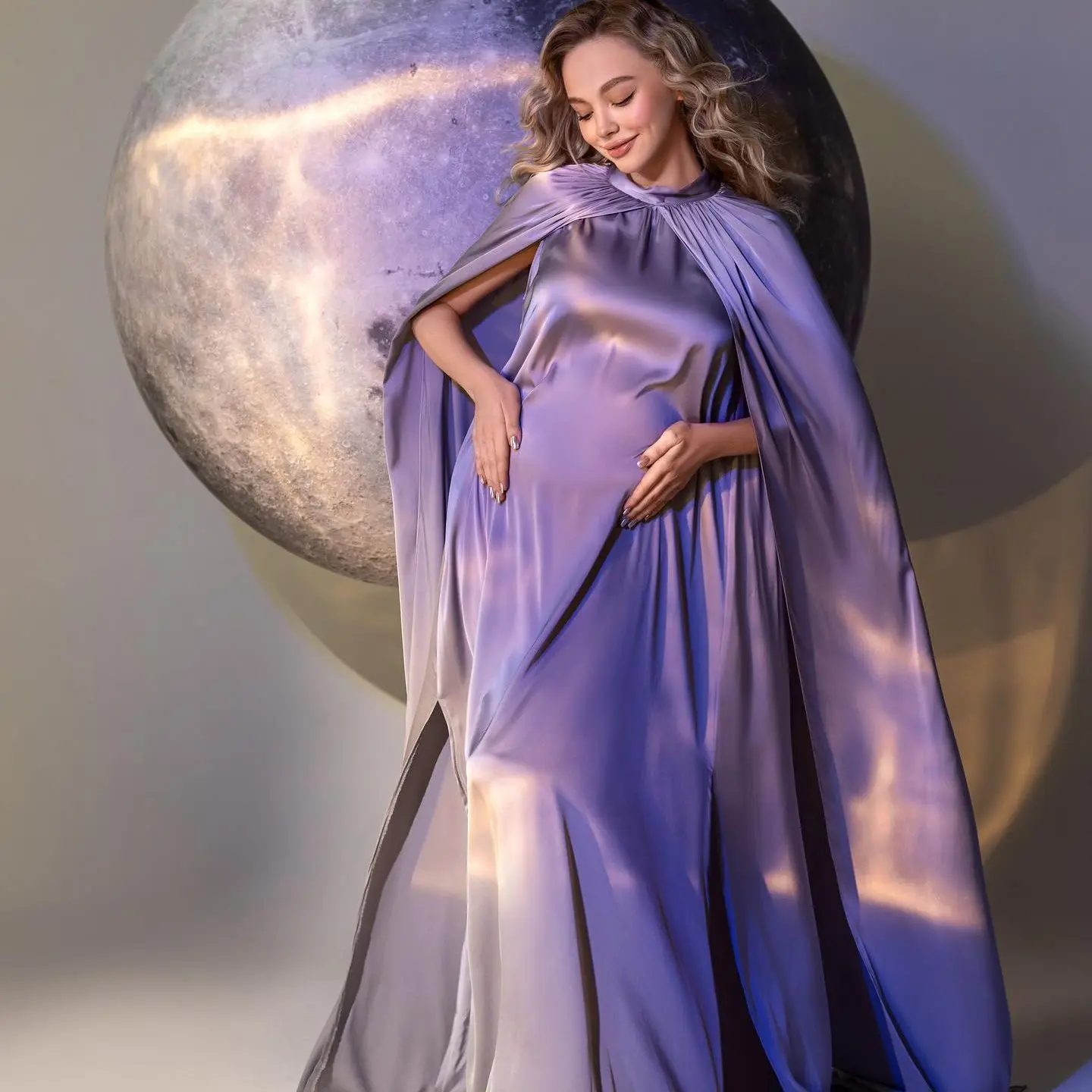 Soft Satin Pregnant Women Prom Dresses 2Pcs Maternity Photoshoot Dress with Wrap Elegant Baby Shower Gown