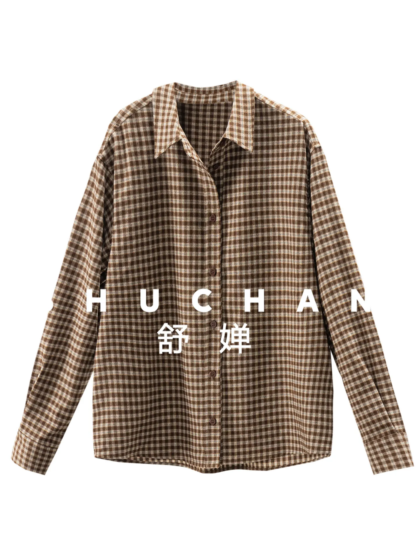 

Женская свободная рубашка с длинными рукавами из пряжи контрастного цвета в клетку в стиле ретро 45I7