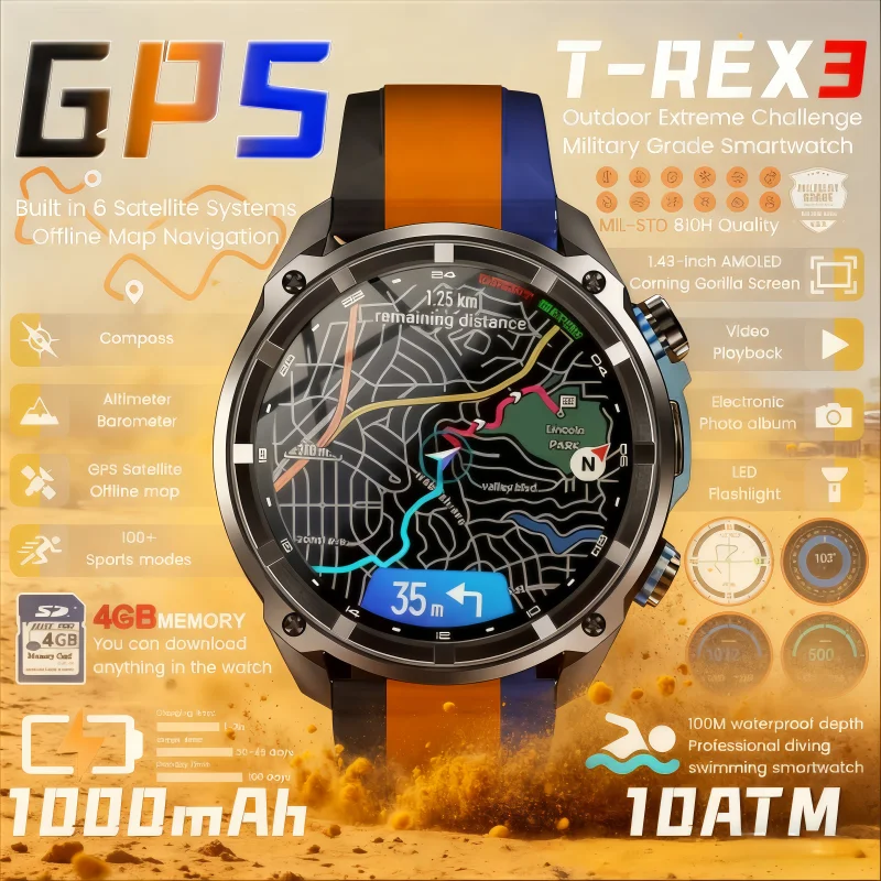 

2025New Military GPS Map Smart Watch T-Rex3 Compass 4GB Memory 1000mAh Battery 10ATM Waterproof HD Bluetooth Call Smartwatch Men