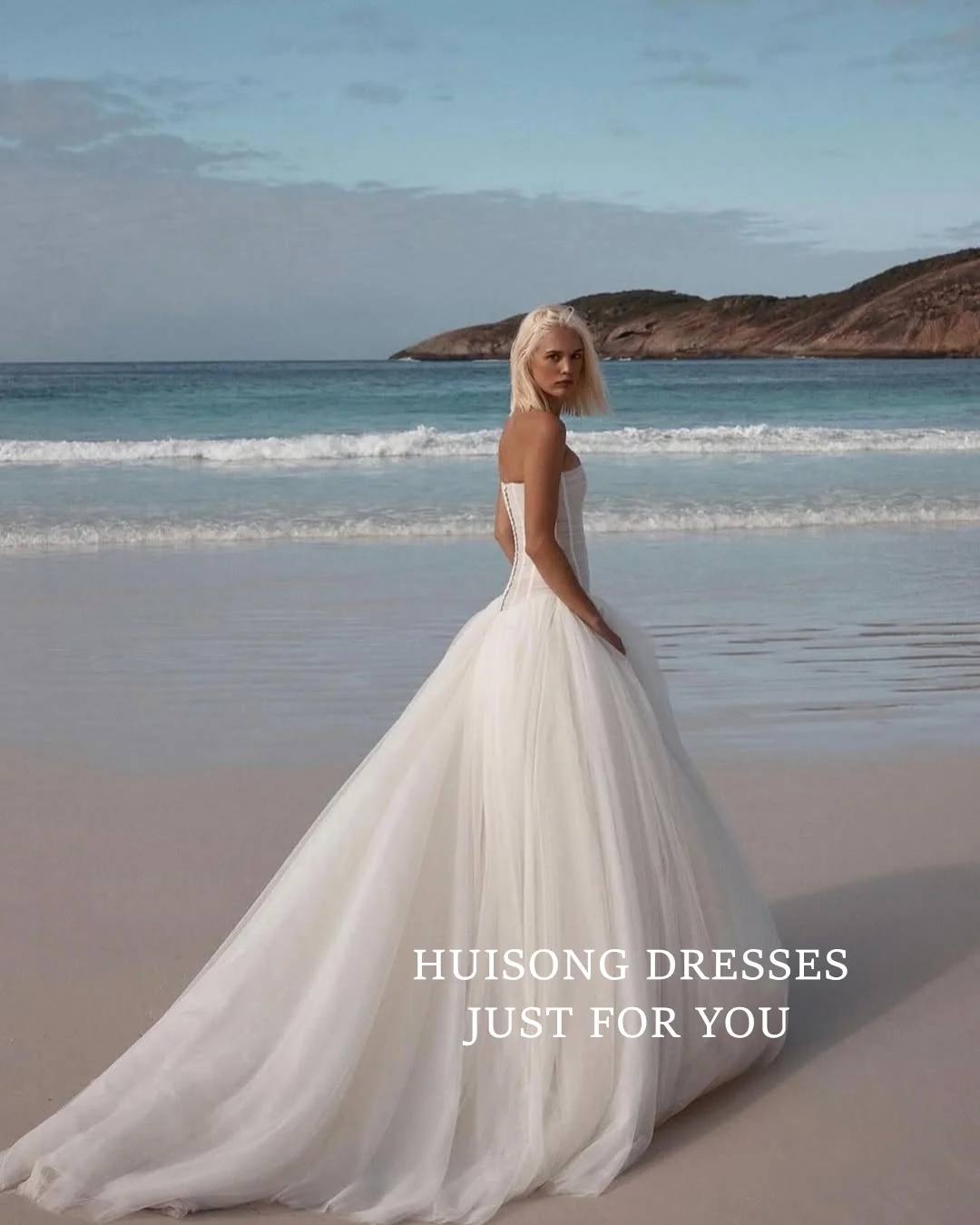 HUISONG vestidos de novia de tul personalizados sin tirantes sin mangas A-Line vestido de novia de playa vestidos de novia