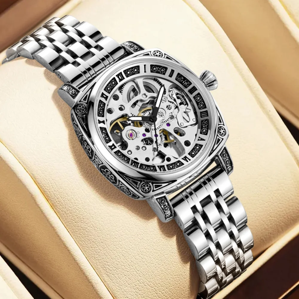 

Personalized Women's Hollow Mechanical Watch, Vintage Engraved Light Luxury Automatic Mechanical Wristwatch, Steel Band Waterproof Casual Women's Watch, Light Luxury High-End Niche Fashion Accessory, Versatile for Daily Wear, Commuting, Gift-Giving, High-
