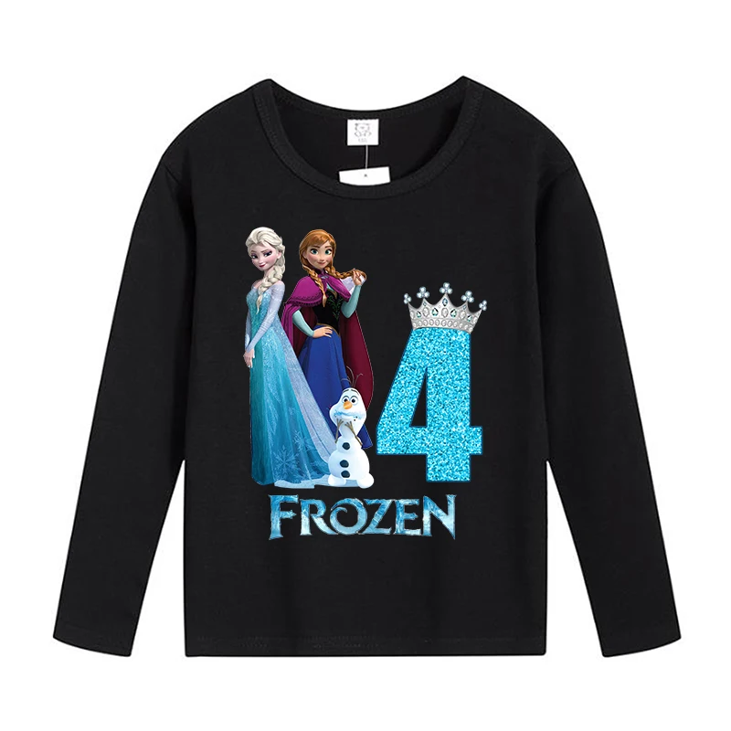 Disney Fozen Elsa Number Long Sleeve T Shirt Princess Birthday Clothes for Girls Cute Cotton Clothing Party Costume Tops Gift