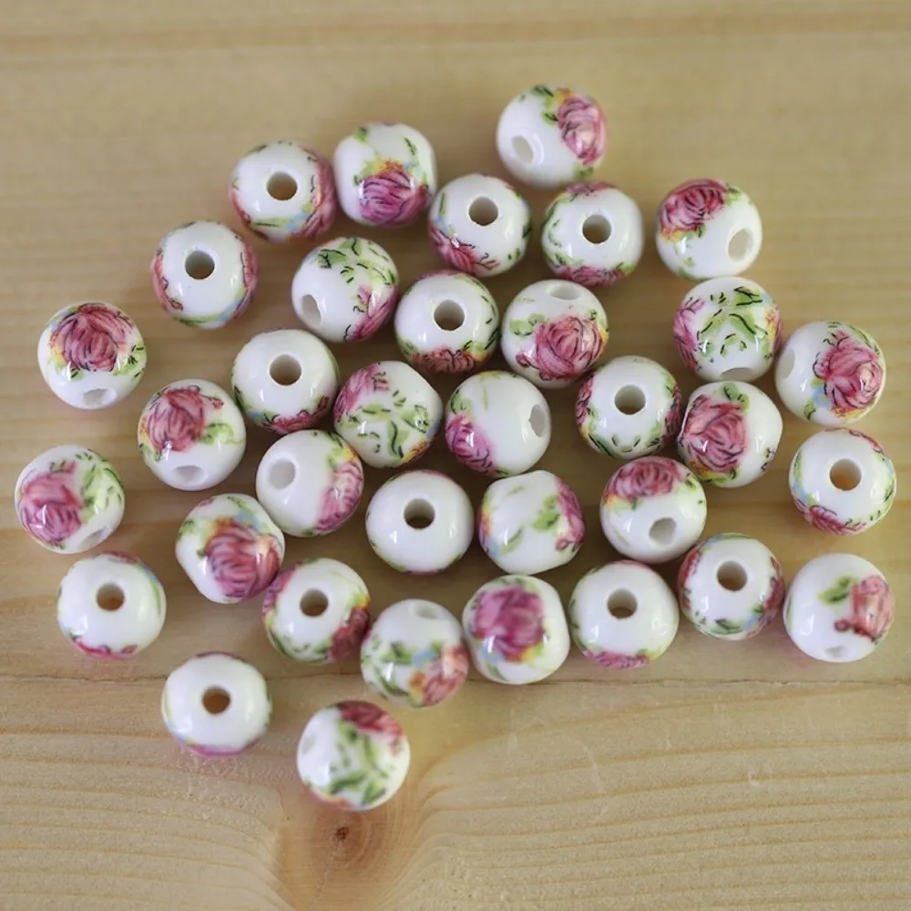 30pcs/set Funny Creative DIY Ceramic Beads Round Flowers Printed Loose Beads Loose Form Ancient Style Jewelry Making Crafts