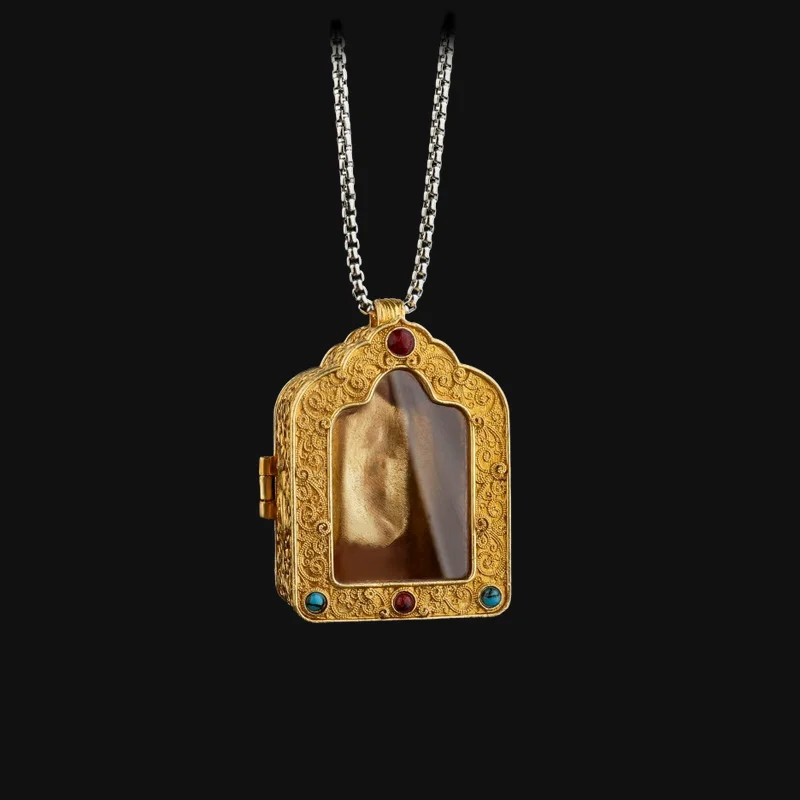 Tibetan Portable Copper Ga'u Box with Wutai Mountain Dragon Fifth Buddha Wealth God Gilded Pendant Mini Altar Shrine Amulet