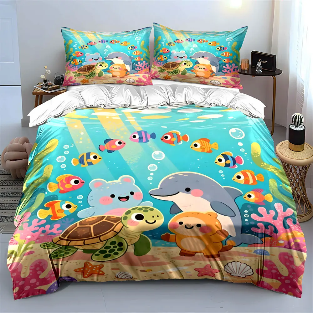 Underwater Animal Friends Gathering Print Bedding Set 1 Duvet Cover 2 Pillowcases for Adult and Children Luxury Gift Full Size