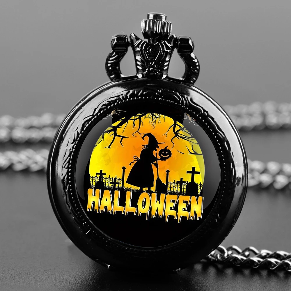 Creative ‌Witch Glass Dome Quartz Pocket Watch with Necklace Chain Pendant Gift for Male Men Vintage Clock Halloween Gifts