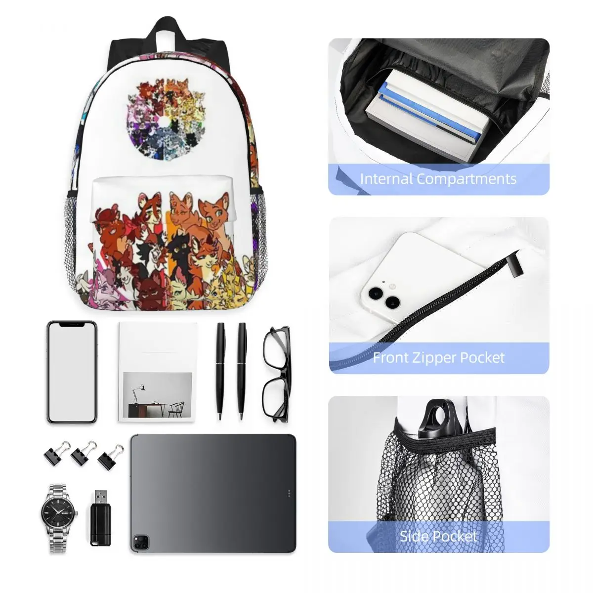 Warrior Cats Color Wheel For Girls Boys Large Capacity Student Backpack Lightweight waterproof Backpack 15inch