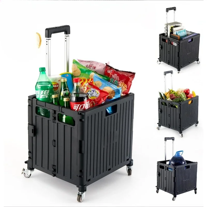 Folding Utility Cart Portable Rolling Crate Handcart Shopping Trolley Collapsible Tool Box,with Lid,Basket on 4 Rotate Wheels