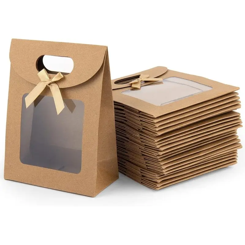 10/20Pack Kraft Paper Bags with Clear Window and Handle, Stand Up Pouches for Candy & Cookie Packaging, Wedding Christmas Party