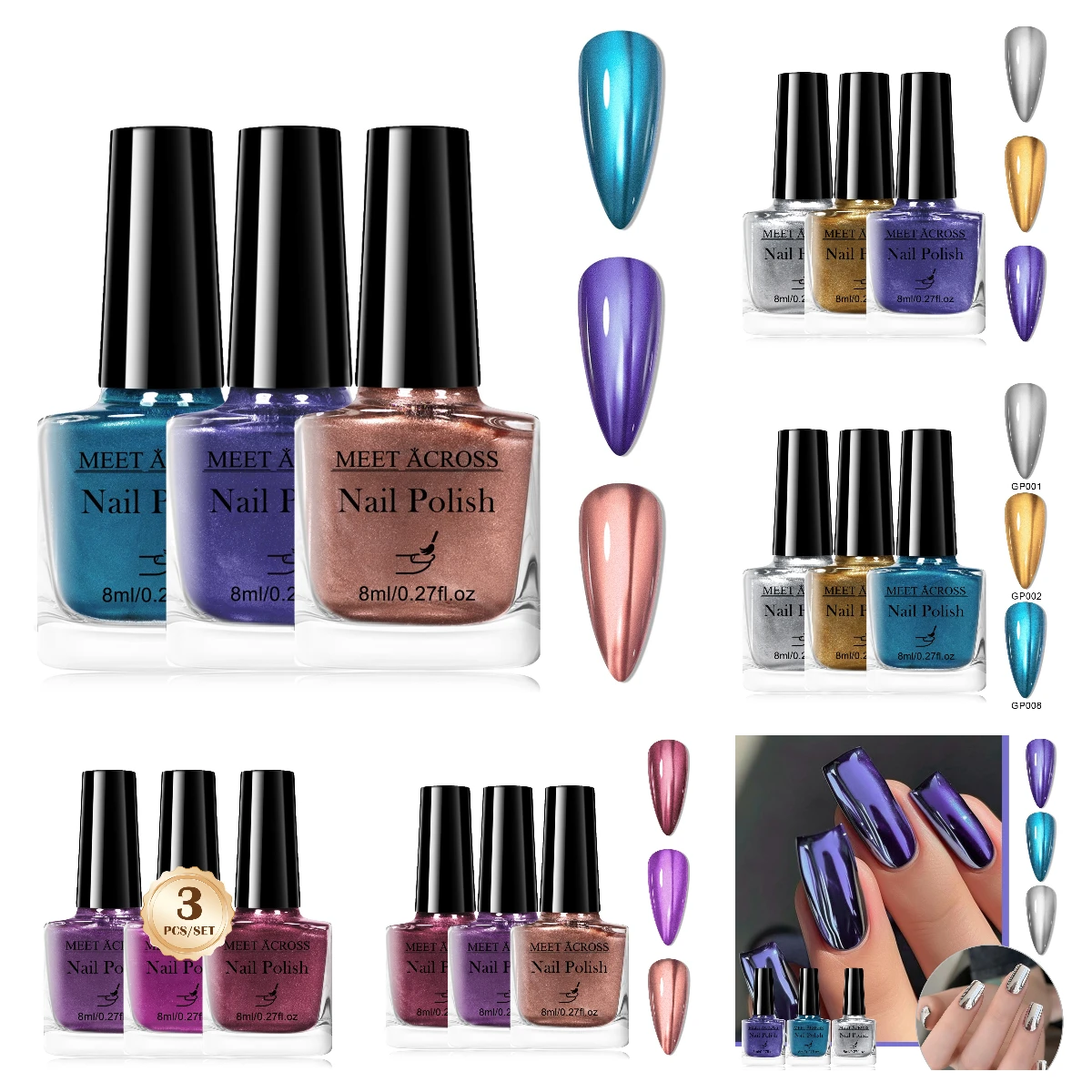 3PCS/Set Mirror Metallic Nail Polish  8ml  Autumn Winter Fashion Colors High Gloss Long Lasting Easy Apply Nail Art Manicure DIY