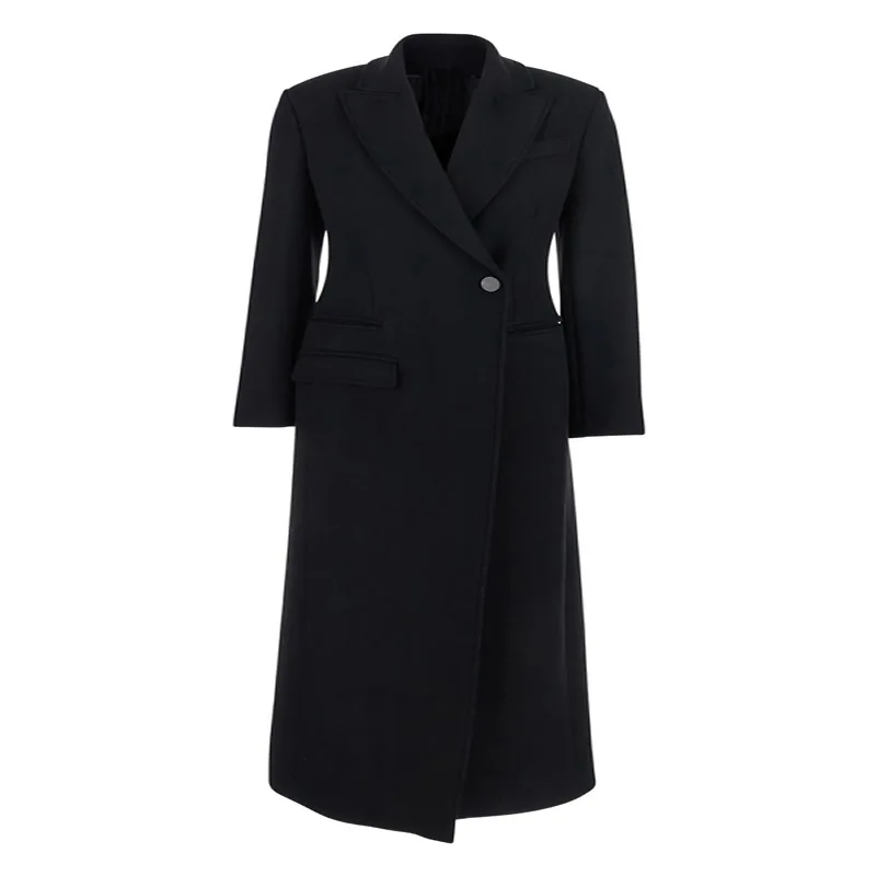 

New Winter Women Wool Coat Long Sleeve Black Solid Button Office Long Coat