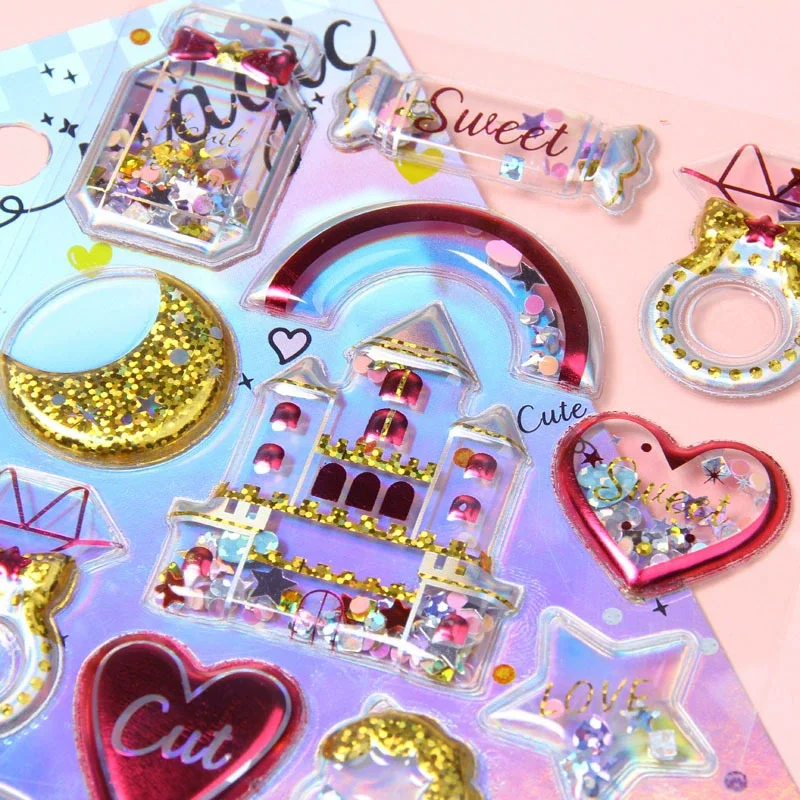 

1Pc Cute Cartoon 3D Shining Quicksand Sticker Fun Kids Glitter Bead Waggle Toy Relief Stickers Kawaii Girl Deco DIY PVC Paster