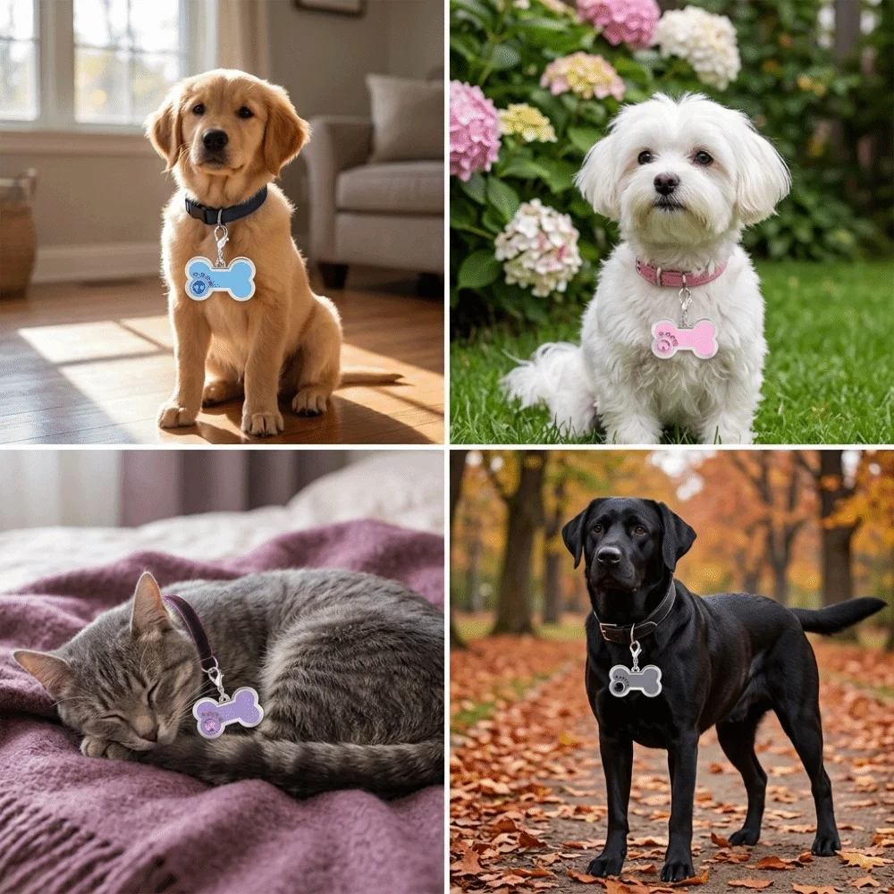 Multi Colors Pet ID Tag Paw Print Pattern Light Weight Dog Name Tag Metal Craft Bone Shape Pet Name Plate Lost Prevention