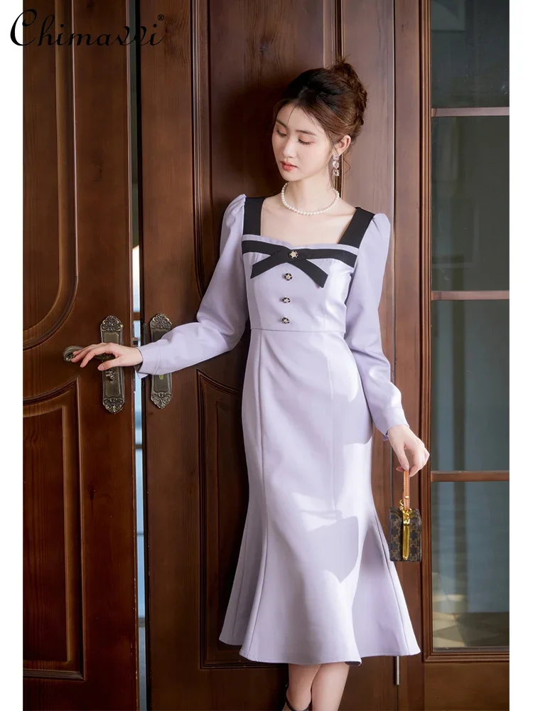 

French Elegant Commuter Square Collar Bow Long Sleeve Metal Button High Waist Slim Fit A-line Fishtail Long Dress Women Autumn