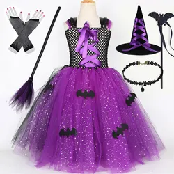 Girls Halloween 2024 Costume Bat Design Witch Cosplay Tutu Dress Kids Puffy Ball Gowm Evil Wizard Disguise 3 5 7 9 11Yrs Frocks
