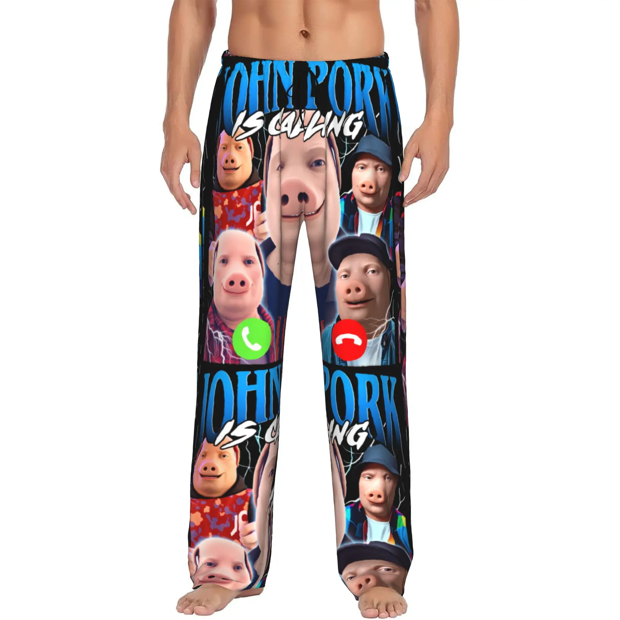 Custom John pork is calling Pajama Pants Sleepwear for Men Elastic Waistband Funny Pig Sleep Lounge Bottoms with Pockets
