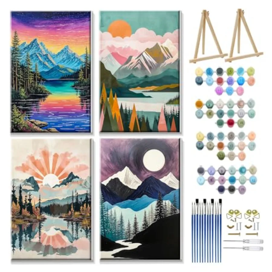 

4 Pack Paint by Numbers Kit for Adults with Frame Paint by Number with Easel DIY Lake Adult Paint by Number Kits Sunset Easy Oi
