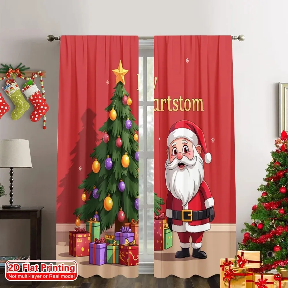 2PCS Digital Print Curtains, Cartoon Santa Claus Christmas Tree Gift Boxes Red, Cute Holiday for Living Room Bedroom Decor