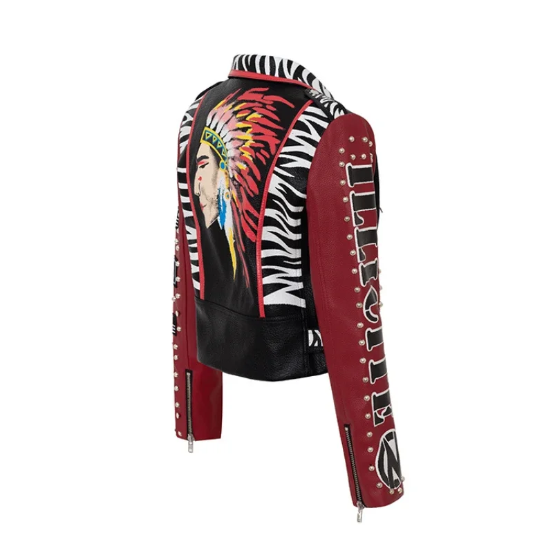 Graffiti Print Motorcycle Leather Jacket Women 2024 Trend Punk Rivets Streetwear Black Red Stitched Faux Leather Cropped Jacket