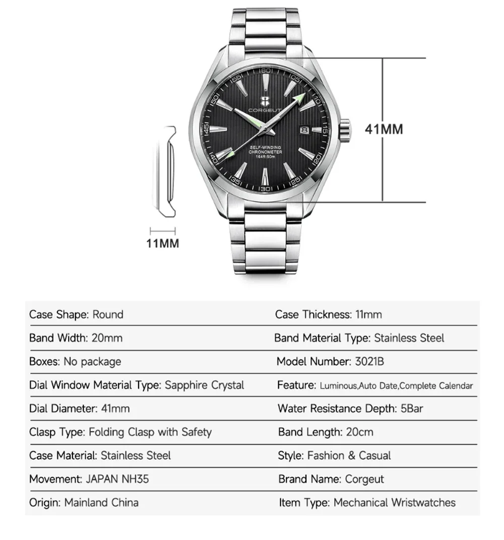 럭셔리 NH35 무브먼트 커스텀 로고 41mm 남성용 스포츠 오토매틱 시계, 기계식 손목시계, 사파이어 스틸 밴드 남성 시계