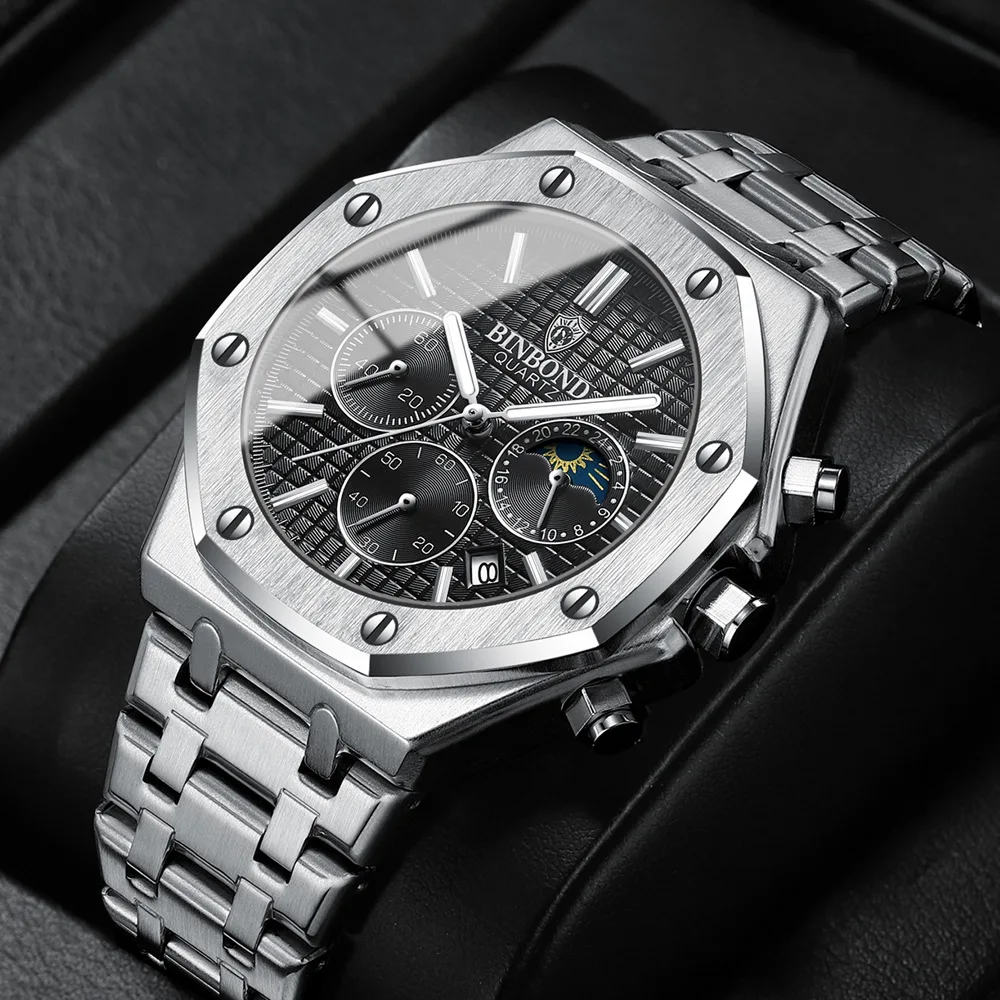 BINBONG B0161 Top Brand Man Business Quartz Watch Chronograph Wristwatch Stainless Steel Strap 30M Waterproof Luxury Men Watch