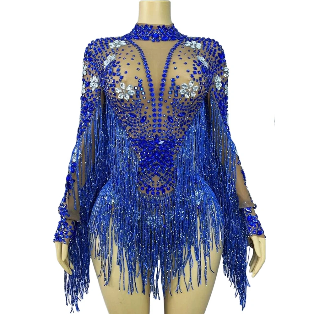 

Sparkly Rhinestones Tassels Sleeves Bodysuit for Women Sexy Performance Dance Costume Singer Dancer Show Stage Wear Club Outfit