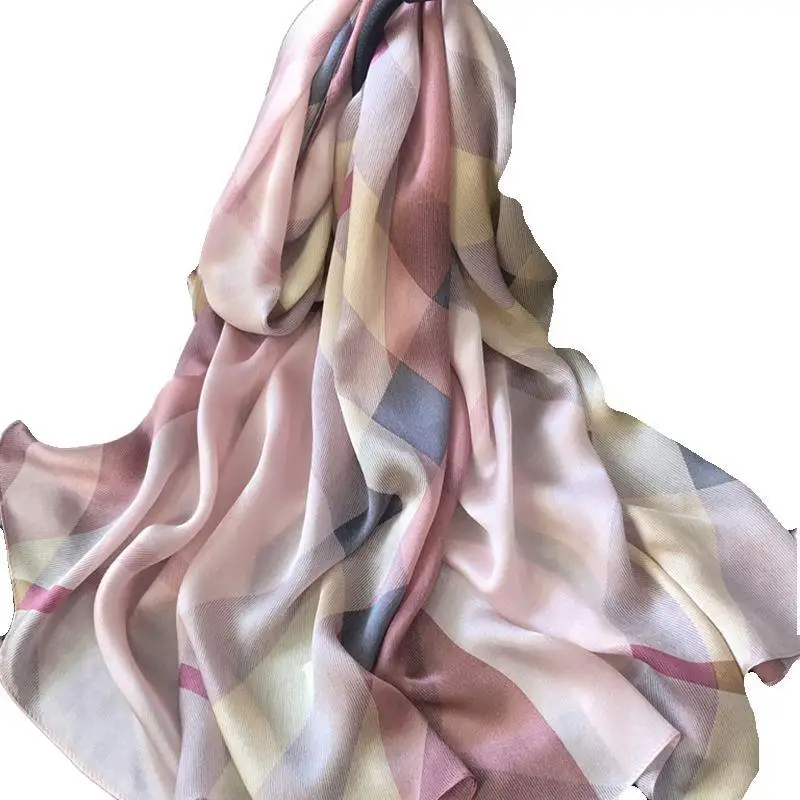 Birdtree 180*65CM 9MM 100%Mulberry Silk British Plaid Scarve Georgette Satin Sun Protection Shawls Women Spring Summer A3D7114QC