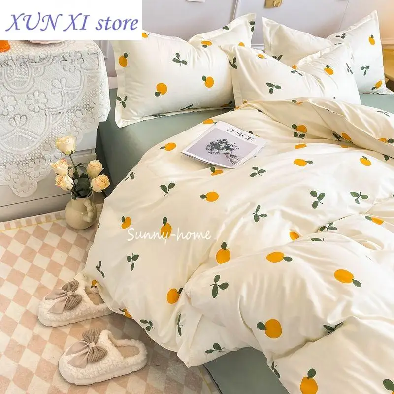 Ins Style Duvet Cover Set with Flat Sheet Pillowcases Cute Orange Cherry Crow Printed Single Double Queen Size Girls Bedding Kit