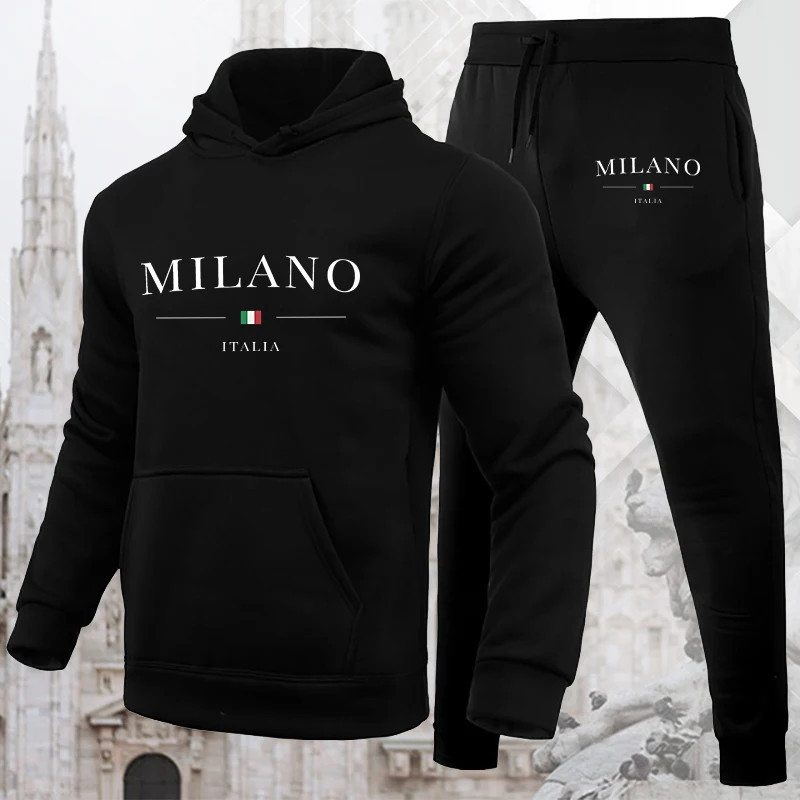 Men's Luxury Hoodie Set Milano Print Sweatshirt Sweatpant for Male Hooded Tops Jogging Trousers Suit Casual Streetwear Tracksuit