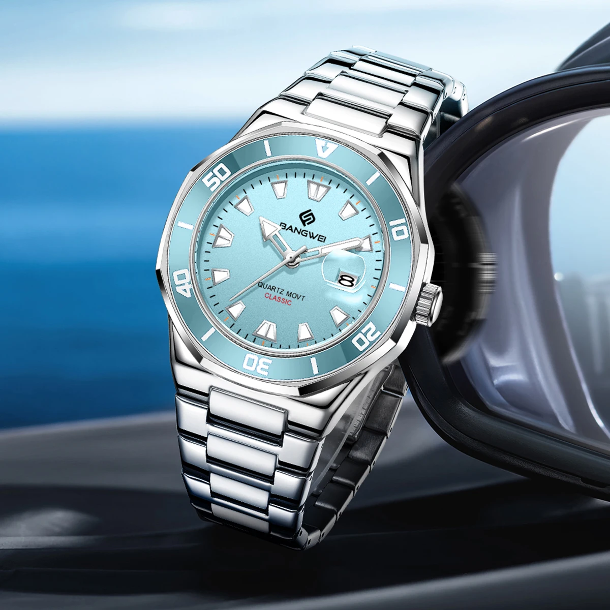 Reloj BANGWEI para hombre, relojes deportivos de cuarzo luminosos de acero inoxidable resistentes al agua de lujo para negocios, reloj de pulsera para hombre + caja