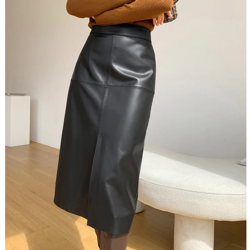 

New Spring Genuine Leather Skirt for Women Vegetable Tanned Sheepskin Wrap Long Faldas Mujer Mid Length Front Slit Mid-Calf