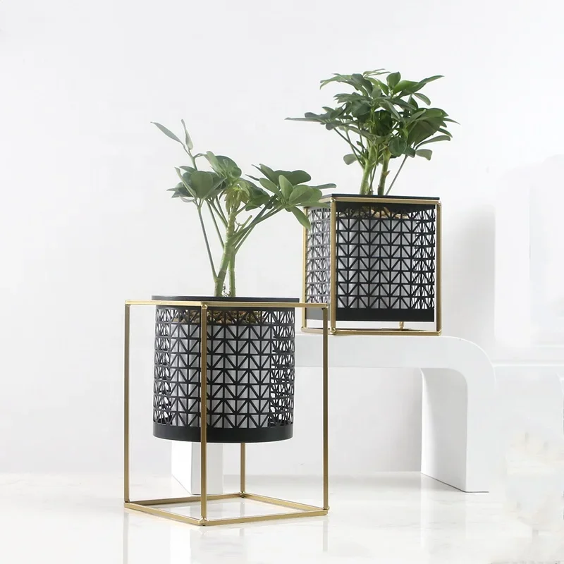 Gold Metal Garden Square Decorative Flower Pots for Home Planter with Iron Stand for Outdoor Green Use