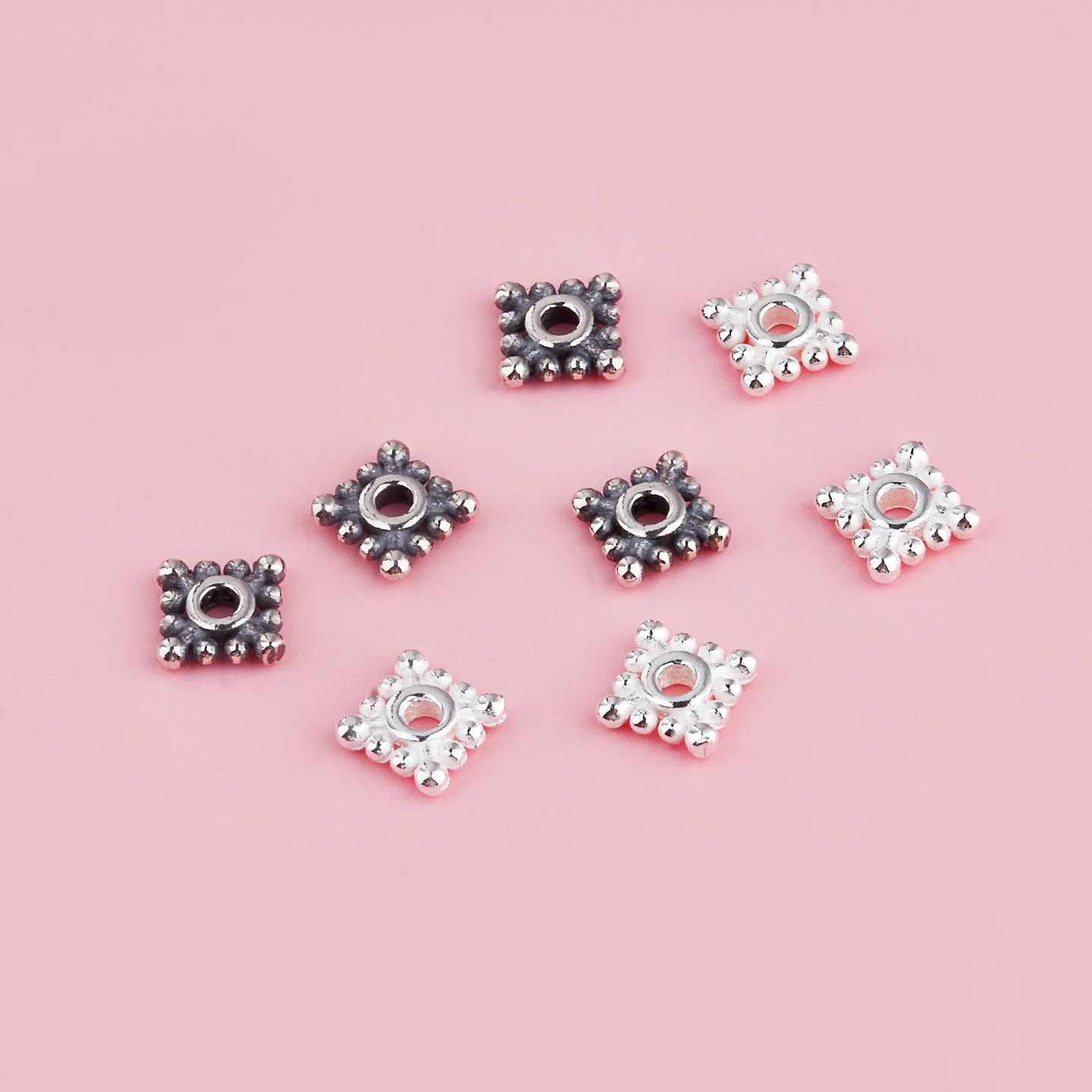 S925 sterling silver square biscuit snowflake small spacer handmade DIY braided rope beaded bracelet accessories