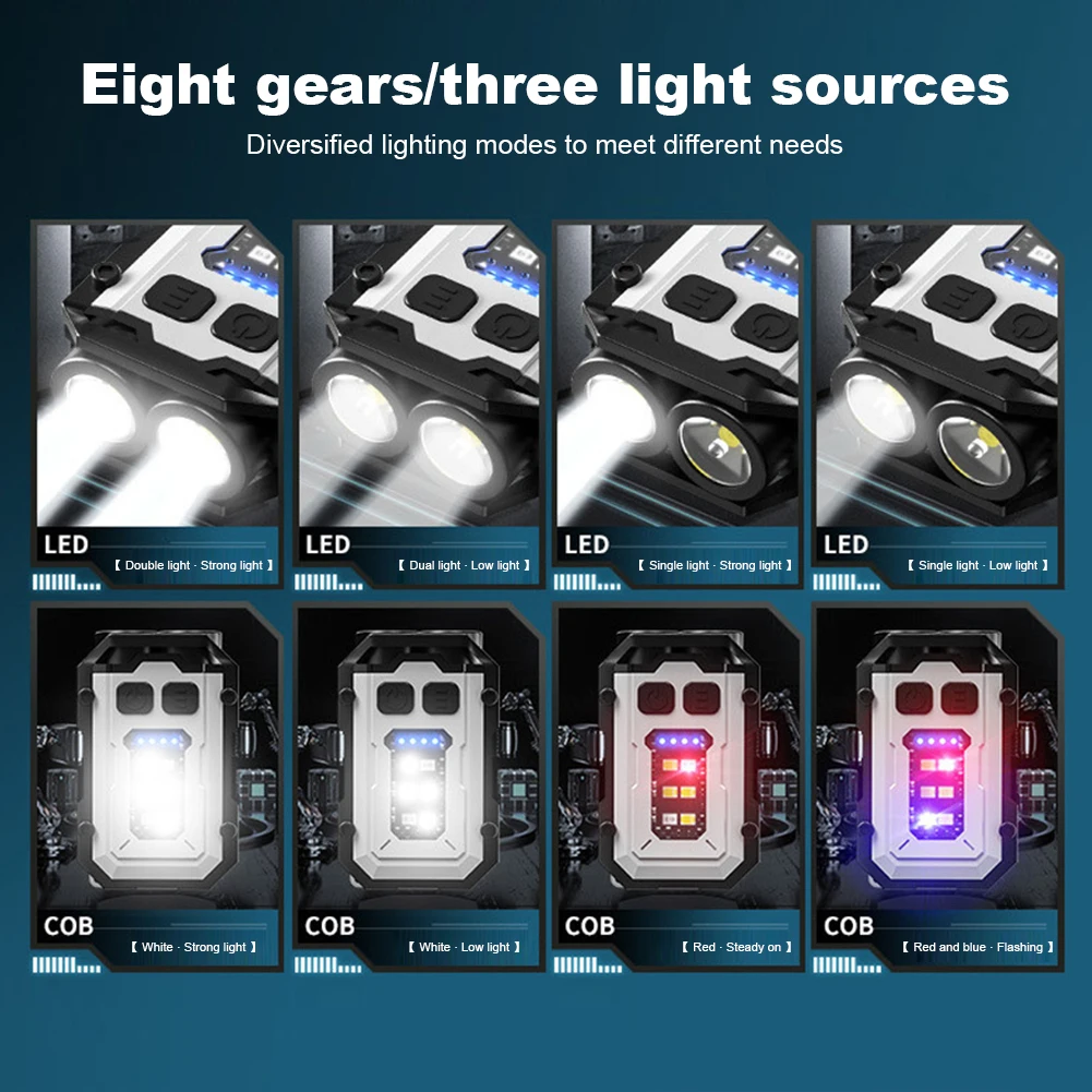 Mini Keychain Flashlight USB Charging Portable Keychain Light 300mAh LED Hat Clip Lamp Power Display for Camping Fishing Walking