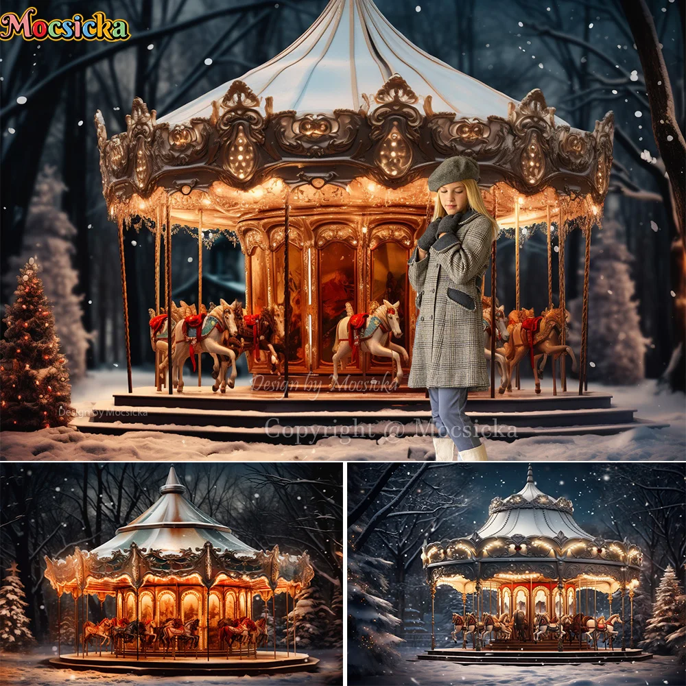 Christmas Carousel Backdrop Photography Prop Winter New Year\'s Eve Snow Forest Background Banner Girl Baby Portrait Photo Studio