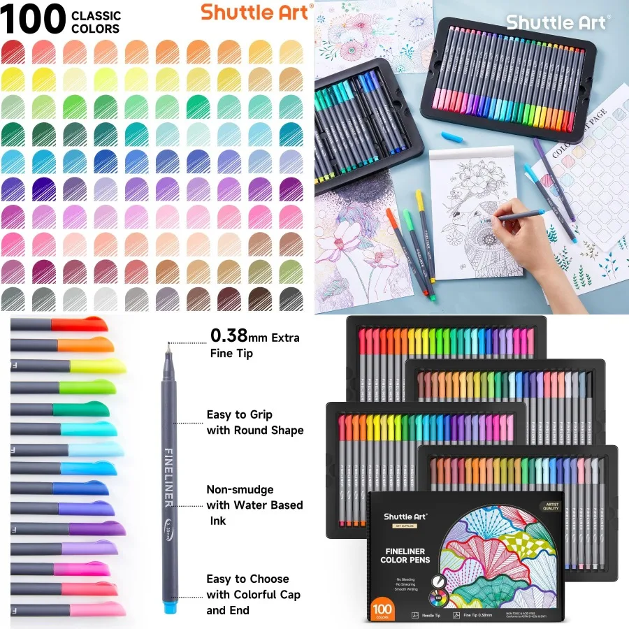 

Ручки Shuttle Art Fineliner, 100 цветов, 0,38 мм, набор цветных ручек Fineliner, тонкая ручка для рисования линий, маркеры с тонкими точками, идеально подходящие для взрослых