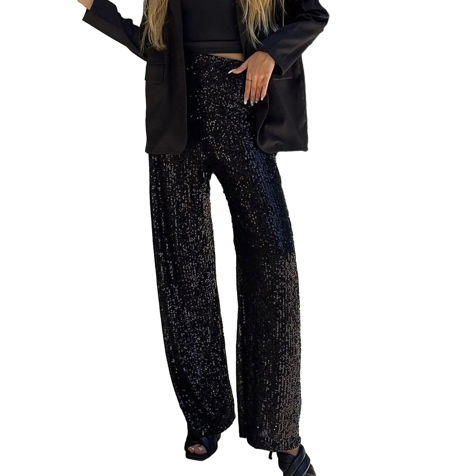 Women Sequins Wide Leg Pants Shiny Loose Casual Elastic High Waist Trousers for Work Office Streetwear