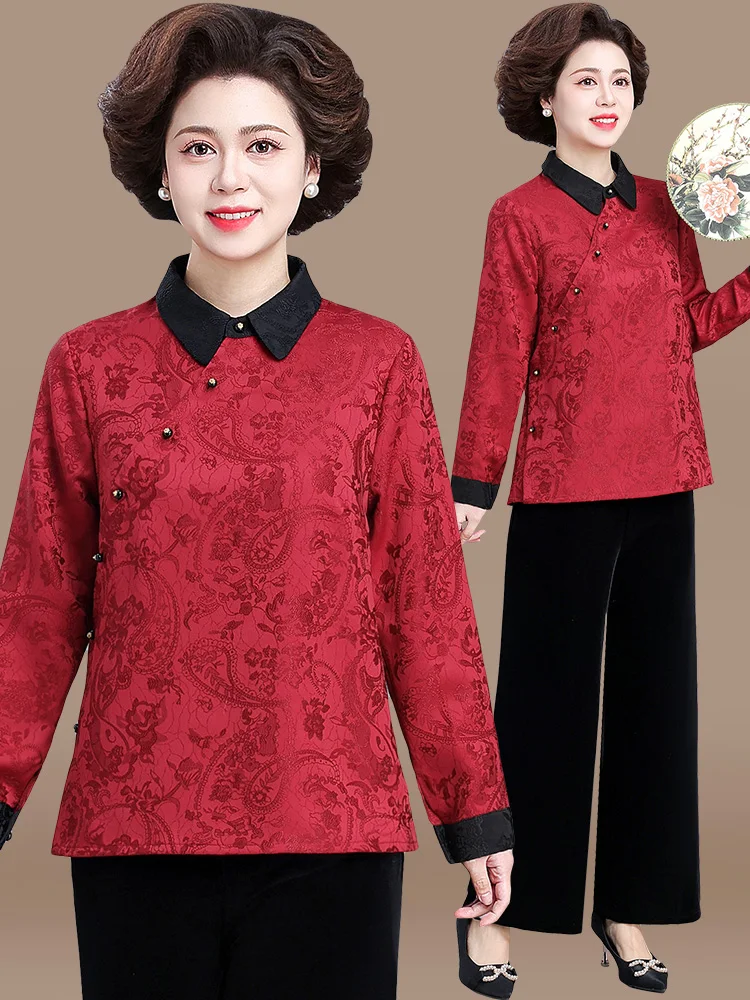 

Red Long Sve Turn-down Collar Women's Faionable Loose Fit irt for Middle-aged And ly Spring Autumn Seasonal Wear