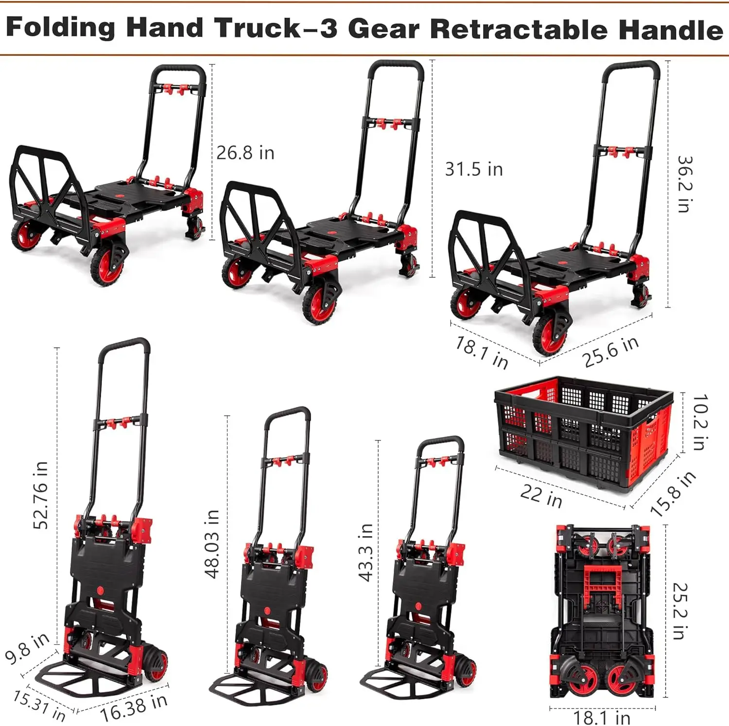 Carro de mano plegable 2 en 1 con cesta, carro de mano de 330 libras de capacidad plegable, carro de mano plegable con mango retráctil