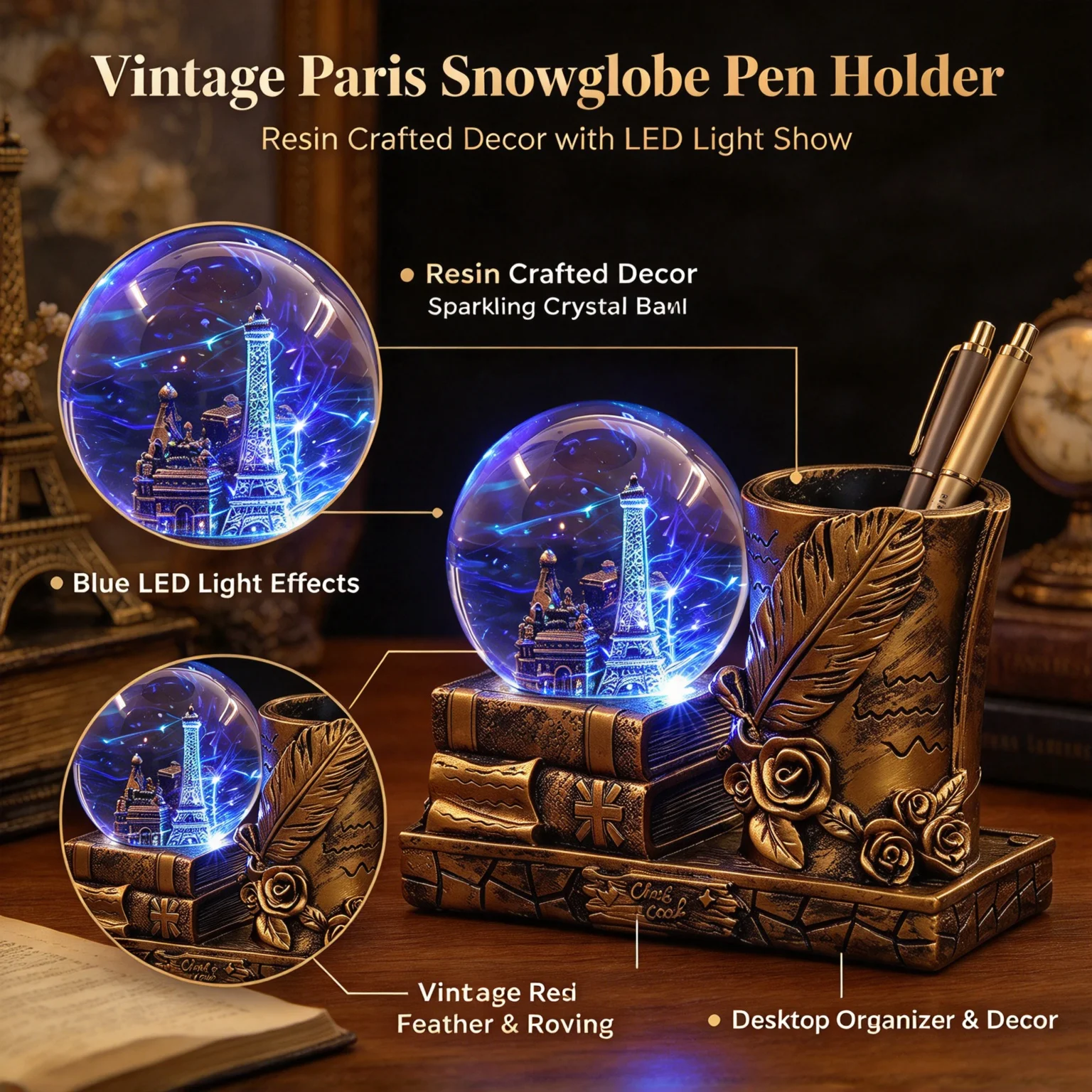 Resin Eiffel Tower Snow Globe Pen Holder Vintage Feather Rose Desktop Organizer Glitter Water Globe Desk Ornament Souvenir Gift