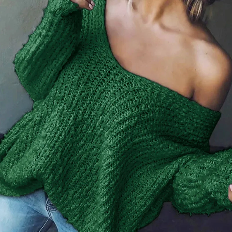 الشتاء موضة الجوف البلوز سترة الخريف مثير الخامس الرقبة Homewear فضفاضة محبوك المرأة السببية كم طويل بلون البلوز #4