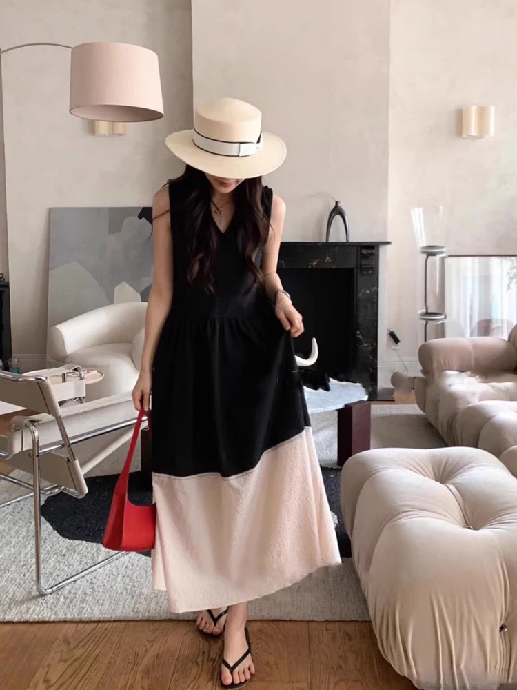 فستان نسائي أنيق بتصميم كلاسيكي وياقة على شكل V بدون أكمام، تنورة طويلة أنيقة للعطلات بتصميم كوري فضفاض يبرز الخصر #5