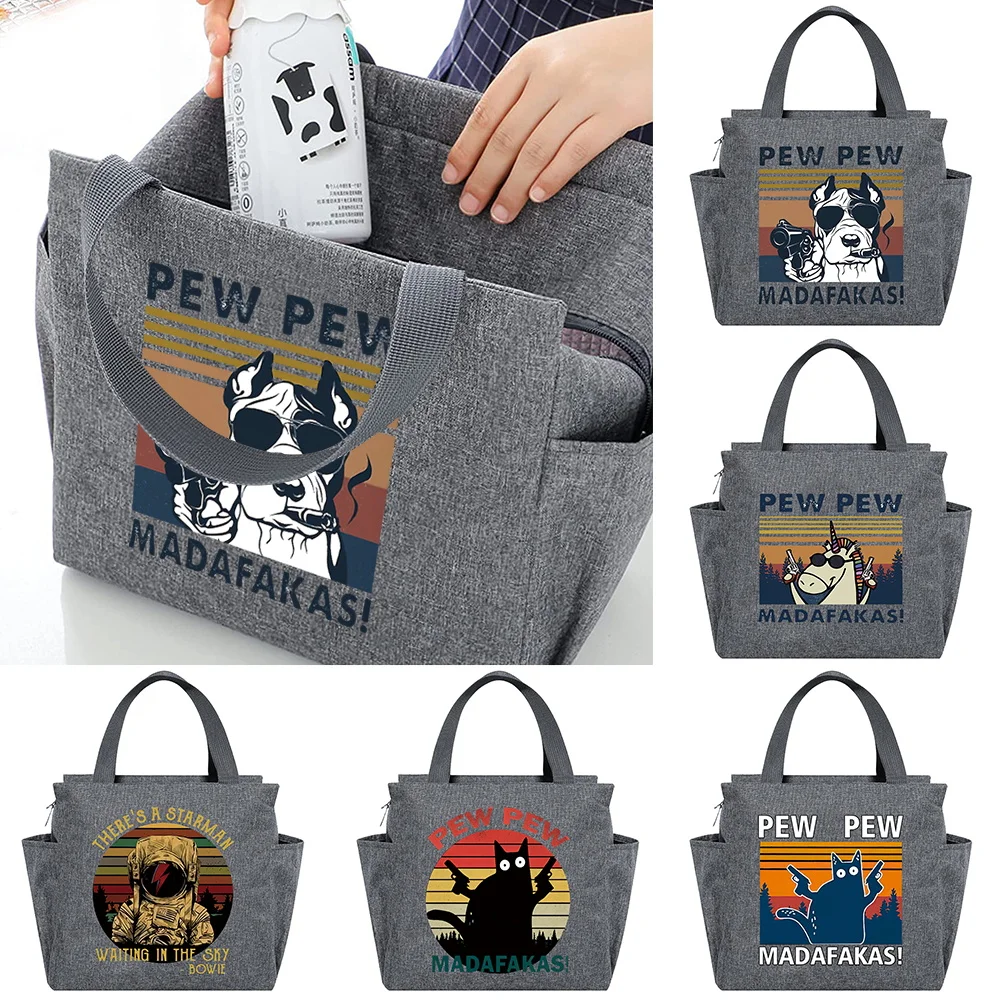 Handy Carry Insulated Canvas Lunch Bag Pew Pattern Storage Tote Bag Lunch Organizer for Business Travel