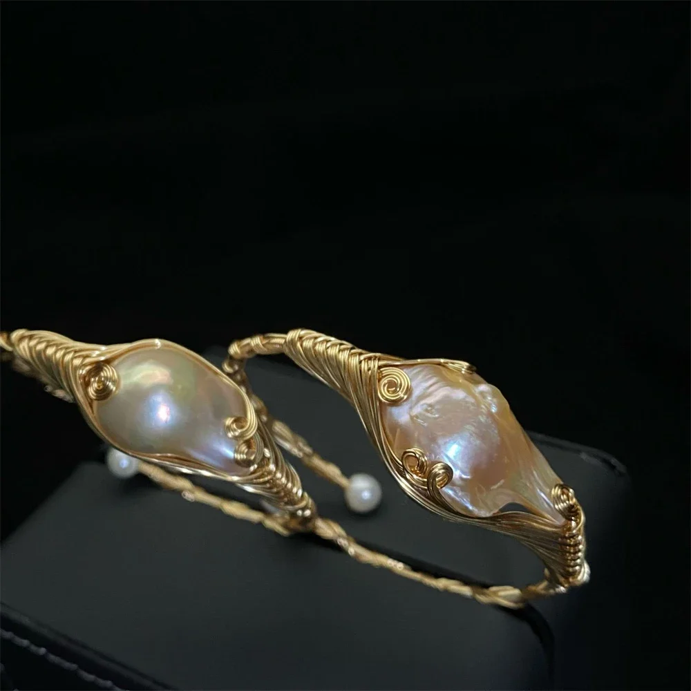 Pulseras de perlas de agua dulce barrocas naturales tejidas a mano para mujer, brazaletes abiertos, joyería de fiesta de lujo
