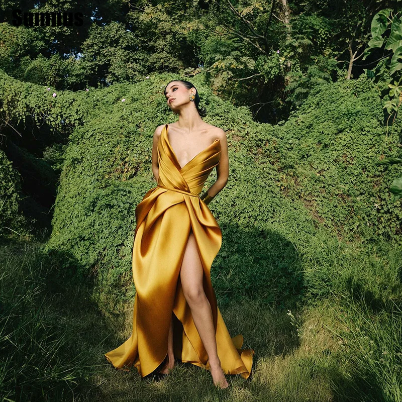 

Sumnus Simple Yellow Evening Dresses Asymmetrical V-Neck Floor Length Formal Dresses платье вечернее Customized